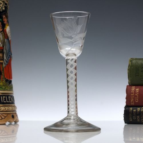 18th century engraved single series opaque twist wine glass c1760 - CATEGORY: ANTIQUE GLASS - DATED GEORGIAN