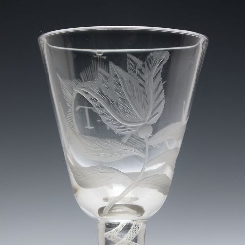 18TH CENTURY ENGRAVED SINGLE SERIES OPAQUE TWIST WINE GLASS C1760 - ADDITIONAL PHOTO 4