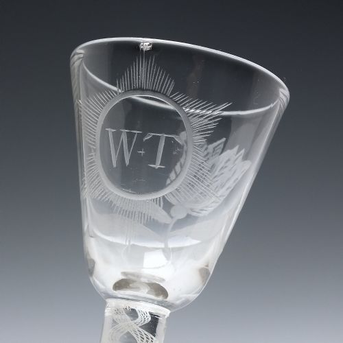 18TH CENTURY ENGRAVED SINGLE SERIES OPAQUE TWIST WINE GLASS C1760 - ADDITIONAL PHOTO 5
