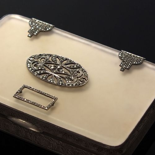 ART DECO SEARLE CO MIRRORED MARCASITE SILVER COMPACT 1927 - ADDITIONAL PHOTO 3