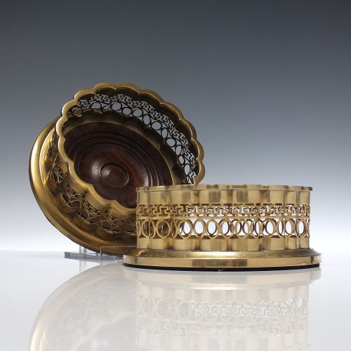 pair of antique brass greek key decanter or wine bottle coasters 190020 - CATEGORY: ANTIQUE MISCELLANEOUS - DATED 1900