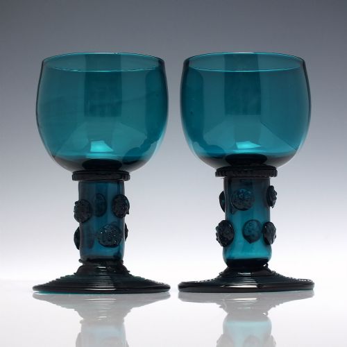 pair georgian peacock blue wine glasses c1810 - CATEGORY: ANTIQUE GLASS - DATED 1800