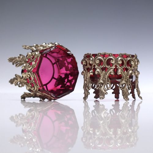 pair of 19th century cranberry glass salts in silver plated frames c1900 - CATEGORY: ANTIQUE GLASS - DATED 1900