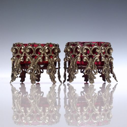 PAIR OF 19TH CENTURY CRANBERRY GLASS SALTS IN SILVER PLATED FRAMES C1900 - ADDITIONAL PHOTO 1