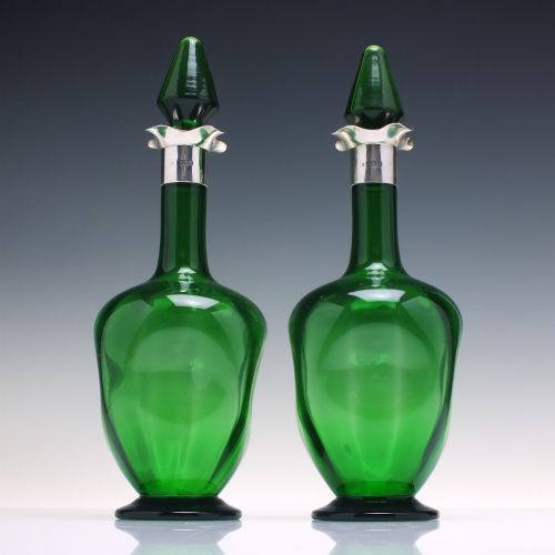 pair art nouveau silver top green glass decanters london 1898 - CATEGORY: ANTIQUE GLASS - DATED 1890