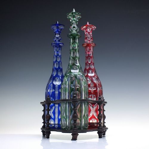 VICTORIAN HARLEQUIN BLUE RED GREEN GLASS DECANTERS IN ROSEWOOD STAND C1870 - ADDITIONAL PHOTO 2