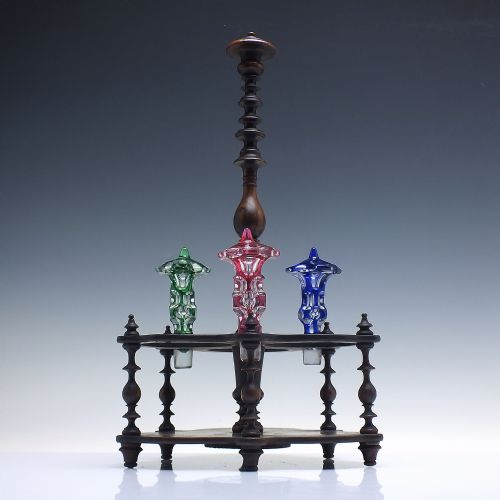 VICTORIAN HARLEQUIN BLUE RED GREEN GLASS DECANTERS IN ROSEWOOD STAND C1870 - ADDITIONAL PHOTO 5