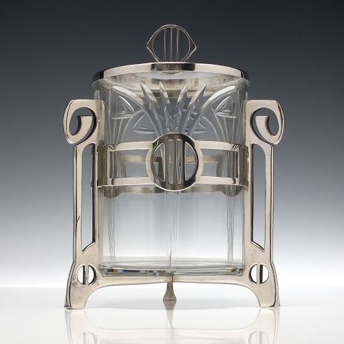 wmf arts and crafts glass and silver plate biscuit barrel c1900 - CATEGORY: ANTIQUE GLASS - DATED 1900