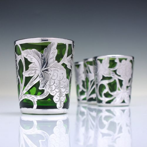 four silver art nouveau green glass shot tumblers c1900 - CATEGORY: ANTIQUE SILVER - DATED 1900