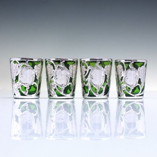 FOUR SILVER ART NOUVEAU GREEN GLASS SHOT TUMBLERS C1900 - ADDITIONAL PHOTO 1