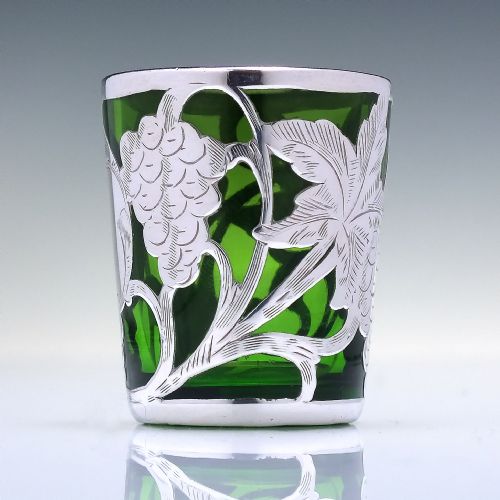 FOUR SILVER ART NOUVEAU GREEN GLASS SHOT TUMBLERS C1900 - ADDITIONAL PHOTO 2