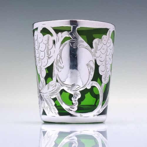 FOUR SILVER ART NOUVEAU GREEN GLASS SHOT TUMBLERS C1900 - ADDITIONAL PHOTO 3