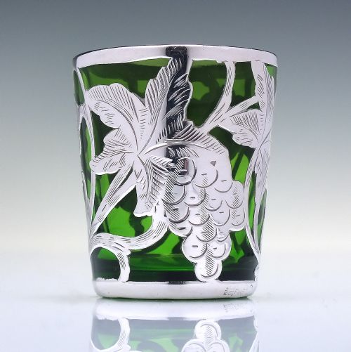FOUR SILVER ART NOUVEAU GREEN GLASS SHOT TUMBLERS C1900 - ADDITIONAL PHOTO 4