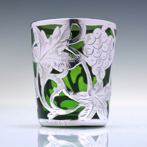 FOUR SILVER ART NOUVEAU GREEN GLASS SHOT TUMBLERS C1900 - ADDITIONAL PHOTO 5