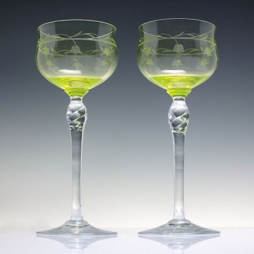 pair art nouveau vaseline engraved hock glasses c1920 - CATEGORY: ANTIQUE GLASS - DATED 1920