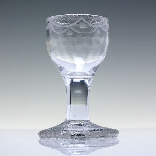 18th century engraved oversewn foot dram glass c1750 - CATEGORY: ANTIQUE GLASS - DATED GEORGIAN