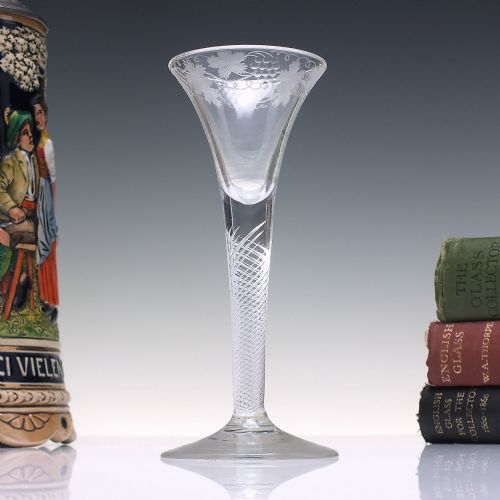 georgian engraved air twist wine glass c1750 - CATEGORY: ANTIQUE GLASS - DATED GEORGIAN