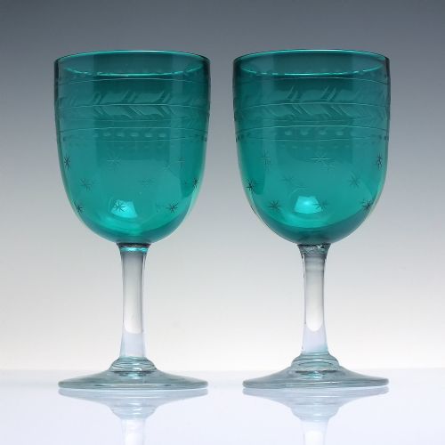 pair victorian engraved green wine glasses c1900 - CATEGORY: ANTIQUE GLASS - DATED 1900