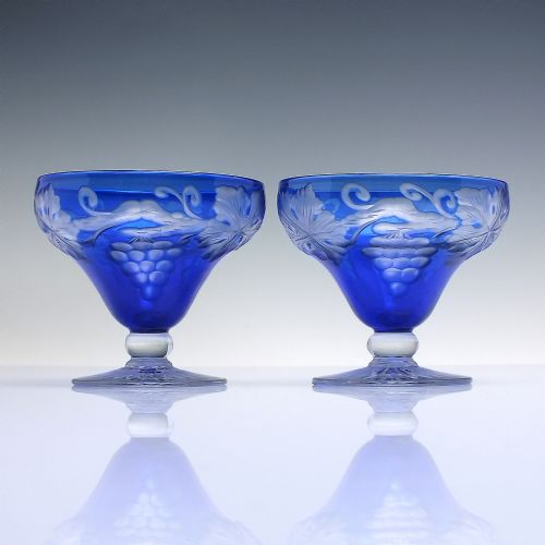 pair antique bohemian blue engraved glass sundae dishes c1920 - CATEGORY: ANTIQUE GLASS - DATED 1920
