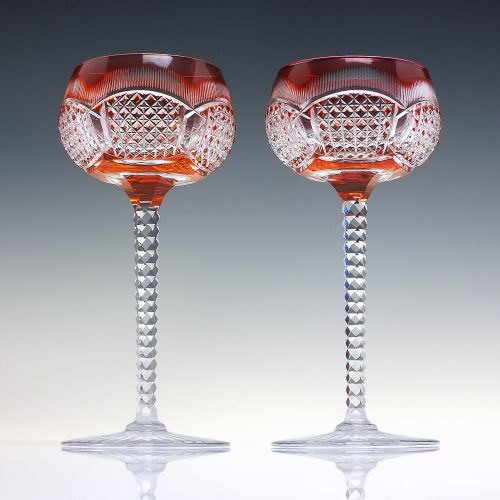 fig 1. Pair of Val St Lambert Brilliant Cut Crystal Hock Wine Glasses c1940