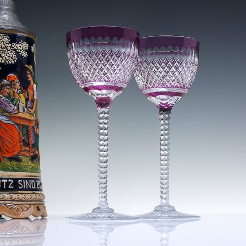 Pair of Val St Lambert Brilliant Cut Crystal Hock Wine Glasses C1940