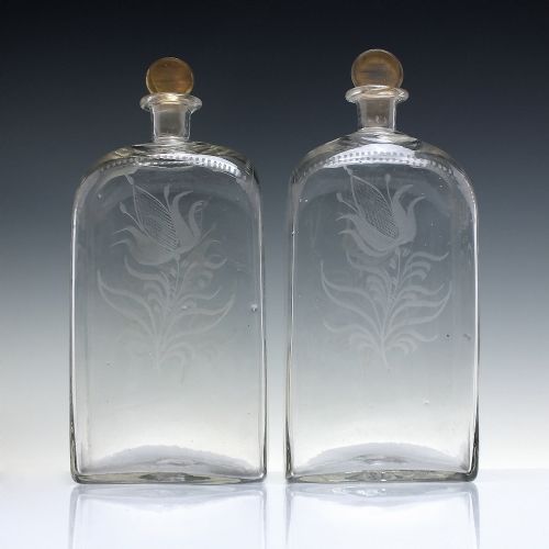 pair 18th century engraved glass box decanters c1750 - CATEGORY: ANTIQUE GLASS - DATED 1750