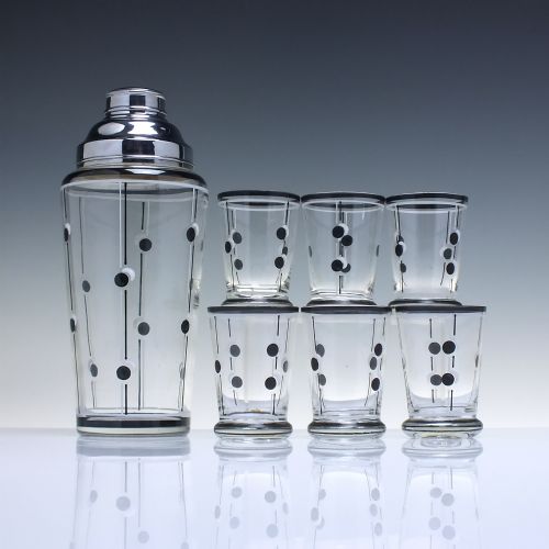art deco glass enamelled glass cocktail shaker six matching glasses c1930 - CATEGORY: ANTIQUE GLASS - DATED 1930