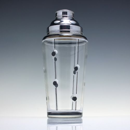 ART DECO GLASS ENAMELLED GLASS COCKTAIL SHAKER SIX MATCHING GLASSES C1930 - ADDITIONAL PHOTO 1