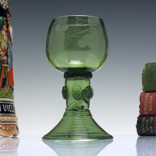 georgian engraved green wine roemer glass with closed hollow stem c1790 - CATEGORY: ANTIQUE GLASS - DATED 1750