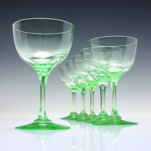 six victorian green vaseline champagne glasses c1880 - CATEGORY: ANTIQUE GLASS - DATED 1880