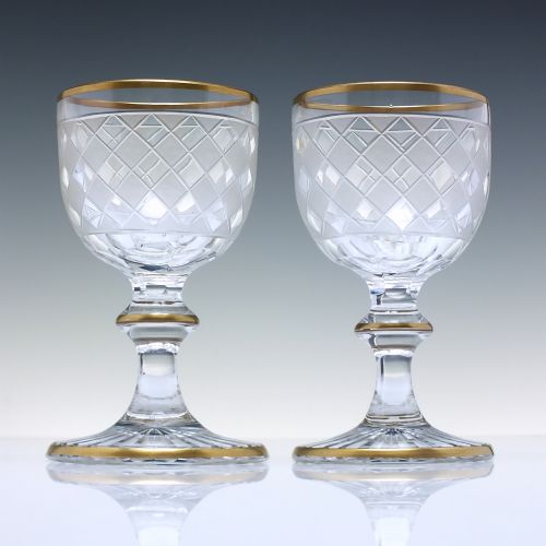 pair regency engraved gilded wine glasses c1850 - CATEGORY: ANTIQUE GLASS - DATED 1850