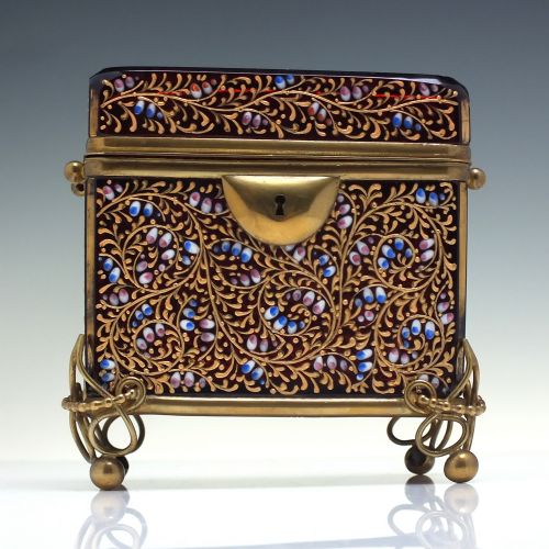 century antique bohemian moser ruby red enamelled cranberry glass jewellery casket box c1880 - CATEGORY: ANTIQUE BOXES - DATED 1880
