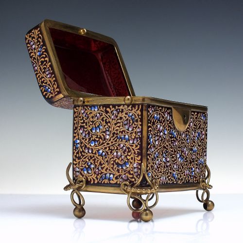 CENTURY ANTIQUE BOHEMIAN MOSER RUBY RED ENAMELLED CRANBERRY GLASS JEWELLERY CASKET BOX C1880 - ADDITIONAL PHOTO 2
