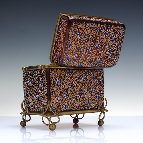 CENTURY ANTIQUE BOHEMIAN MOSER RUBY RED ENAMELLED CRANBERRY GLASS JEWELLERY CASKET BOX C1880 - ADDITIONAL PHOTO 3