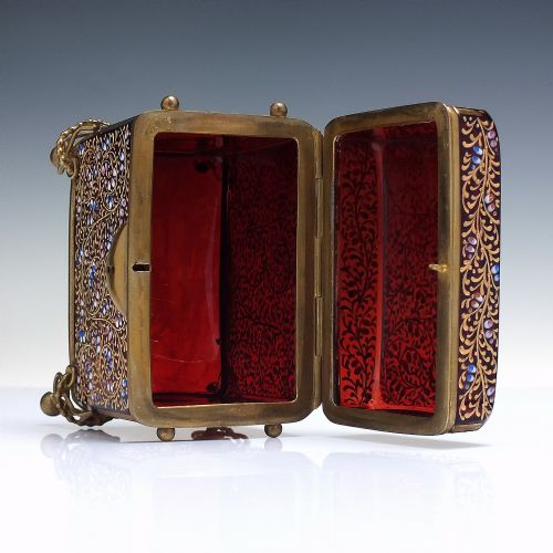 CENTURY ANTIQUE BOHEMIAN MOSER RUBY RED ENAMELLED CRANBERRY GLASS JEWELLERY CASKET BOX C1880 - ADDITIONAL PHOTO 4