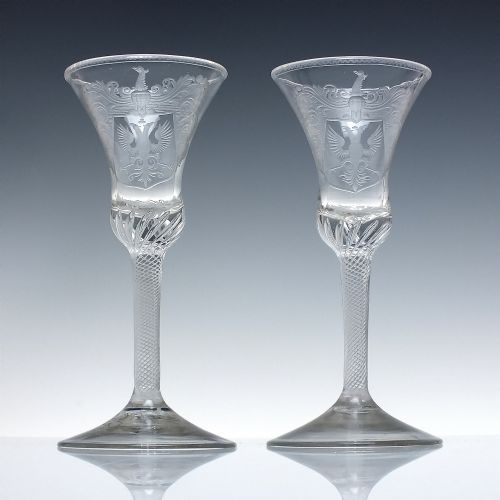 pair of georgian double headed eagle engraved air twist wine glasses c1750 - CATEGORY: ANTIQUE GLASS - DATED 1750