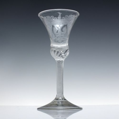 PAIR OF GEORGIAN DOUBLE HEADED EAGLE ENGRAVED AIR TWIST WINE GLASSES C1750 - ADDITIONAL PHOTO 1