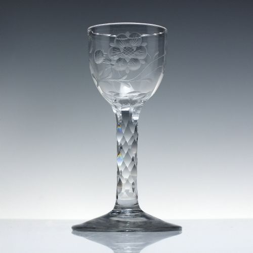 18th century jacobite sympathy engraved facet cut wine glass c1780 - CATEGORY: ANTIQUE GLASS - DATED GEORGIAN