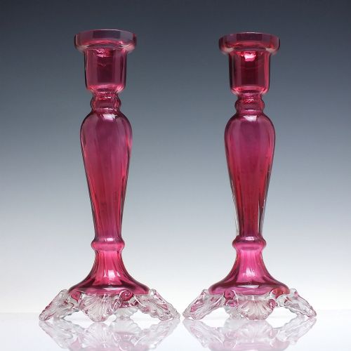 pair of victorian antique cranberry glass candlesticks c1870 - CATEGORY: ANTIQUE LIGHTING - DATED VICTORIAN