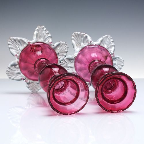 PAIR OF VICTORIAN ANTIQUE CRANBERRY GLASS CANDLESTICKS C1870 - ADDITIONAL PHOTO 3