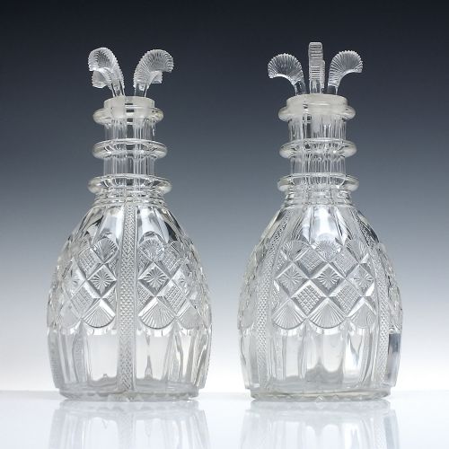 rare pair georgian prussian glass four compartment decanters with prince of wales feather stoppers c1820 - CATEGORY: ANTIQUE GLASS - DATED GEORGIAN