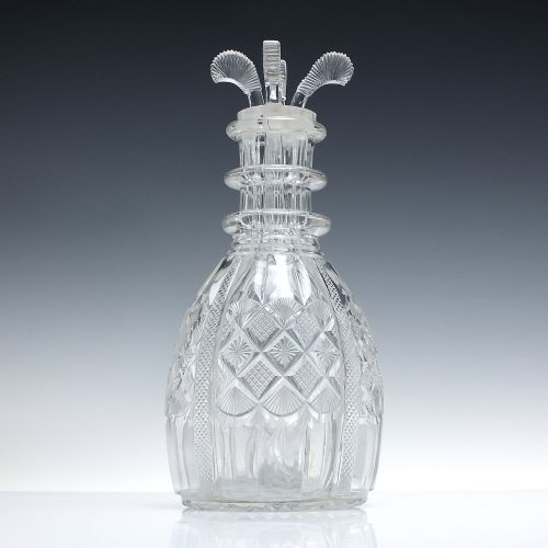 RARE PAIR GEORGIAN PRUSSIAN GLASS FOUR COMPARTMENT DECANTERS WITH PRINCE OF WALES FEATHER STOPPERS C1820 - ADDITIONAL PHOTO 1