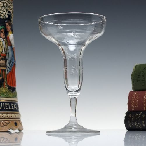 victorian engraved pan top champagne glass c1850 - CATEGORY: ANTIQUE GLASS - DATED VICTORIAN