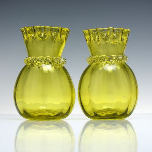 pair victorian yellow crimped glass stem vases c1880 - CATEGORY: ANTIQUE GLASS - DATED 1880