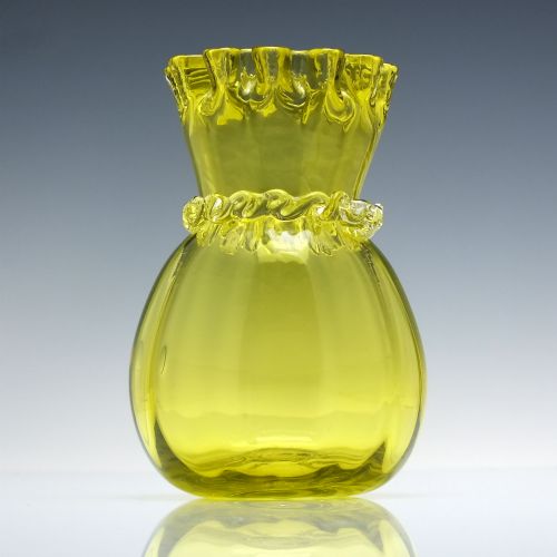 PAIR VICTORIAN YELLOW CRIMPED GLASS STEM VASES C1880 - ADDITIONAL PHOTO 1