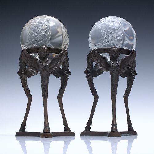 rare pair french empire solid glass globes with brass harpie chimera c1890 - CATEGORY: ANTIQUE GLASS - DATED 1890