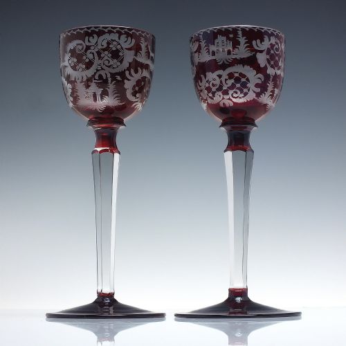 pair antique josephinenhutte engraved hock wine glasses c1900 - CATEGORY: ANTIQUE GLASS - DATED 1900