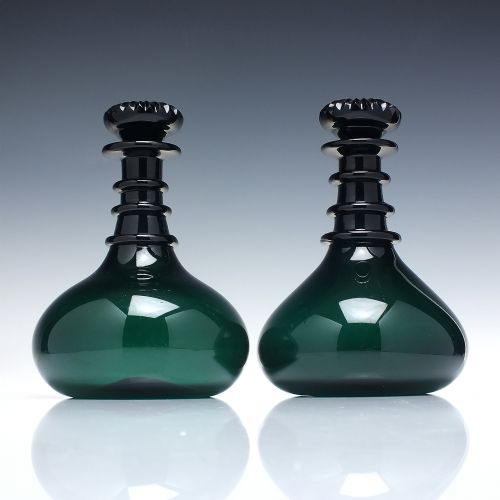 rarer pair 19th century green mell decanters with stoppers c1860 - CATEGORY: ANTIQUE GLASS - DATED 1860