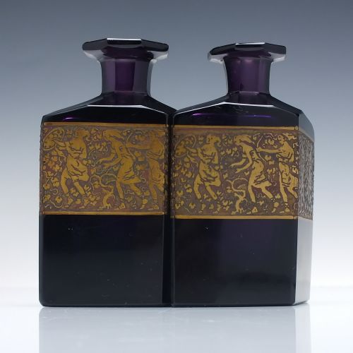 PAIR ART DECO SIGNED MOSER AMETHYST GLASS PERFUME BOTTLES C1920 - ADDITIONAL PHOTO 1