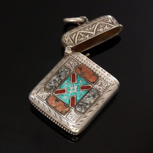 EXCEEDINGLY RARE EDWARDIAN SILVER VESTA CASE WITH GRANITE ENAMEL BY JOSEPH COOK SON BIRMINGHAM 1906 - ADDITIONAL PHOTO 1